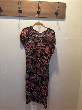 Black Floral Midi Dress with Red and Green Botanical Print